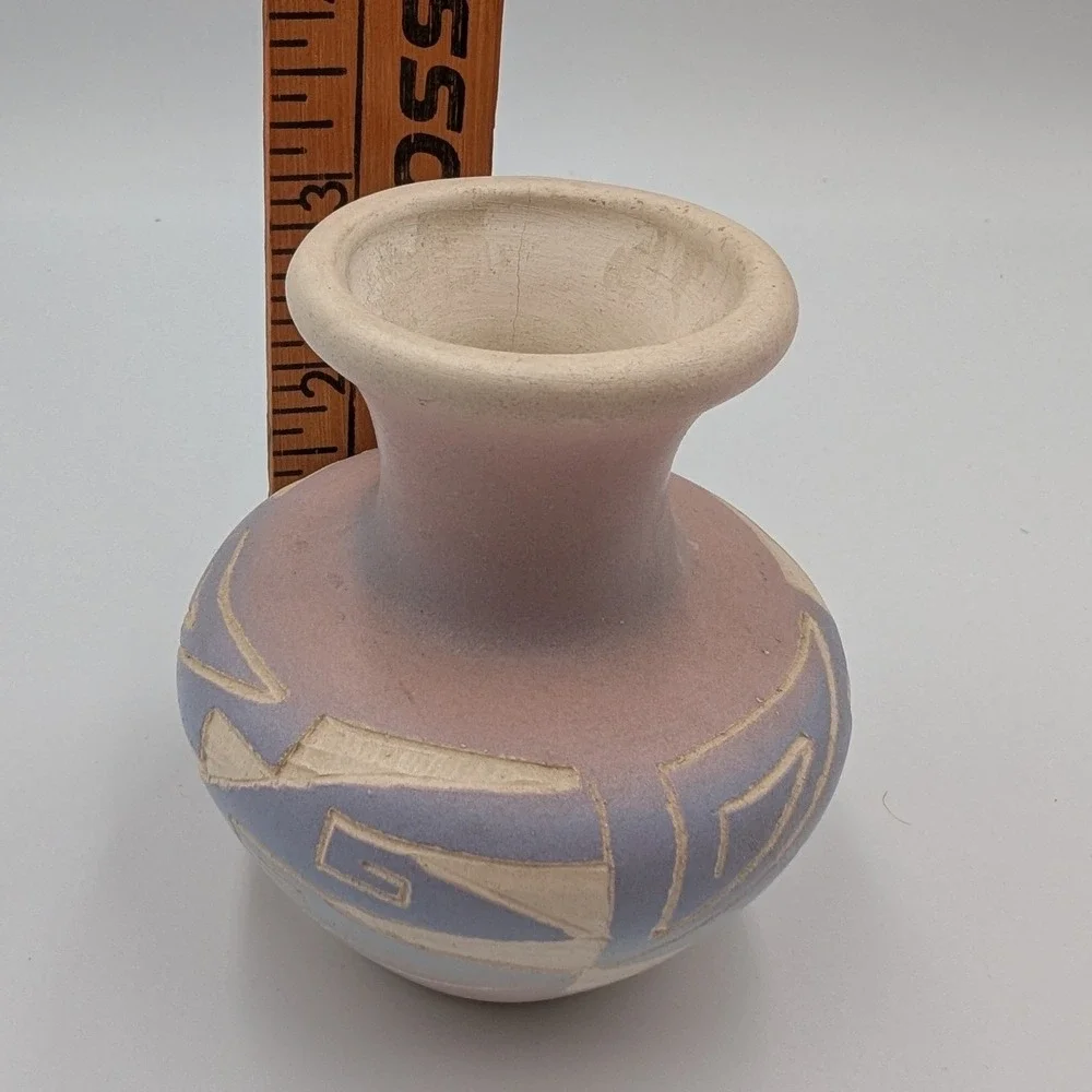 Navajo Pottery Vase Pink Blue Geometric Incised Vintage Small